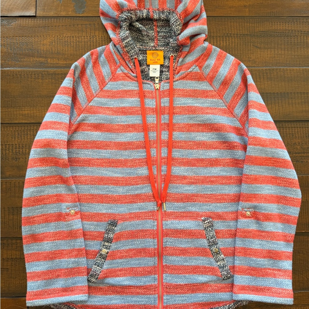 Ruby Rd Striped Hooded Zip Jacket - Coral & Light Blue